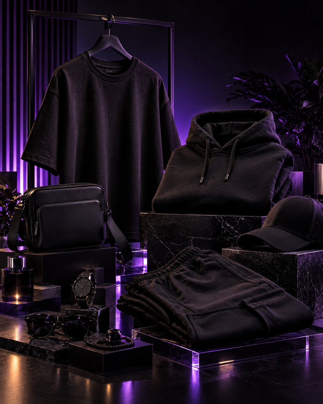 Premium fashion essentials including hoodie, T-shirt, trousers, cap and bag