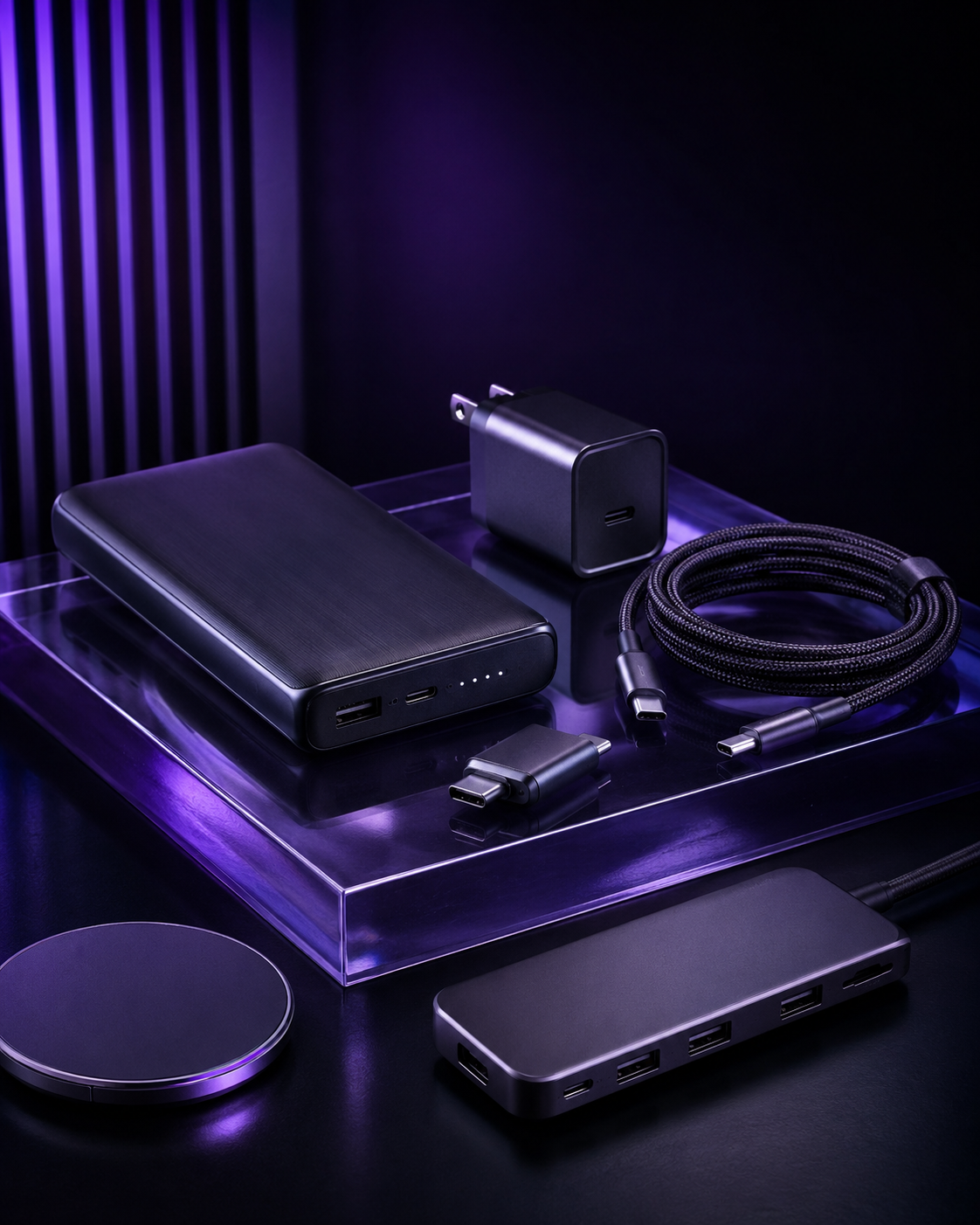 Modern power banks, chargers, cables and tech accessories